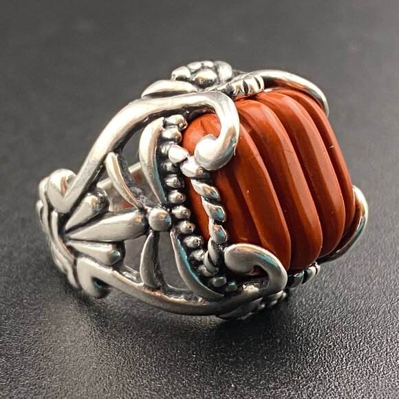 Carolyn Pollack Relios Ring Carved Red Jasper Size 6 Scrolls Sterling Silver 14g - Picture 1 of 15